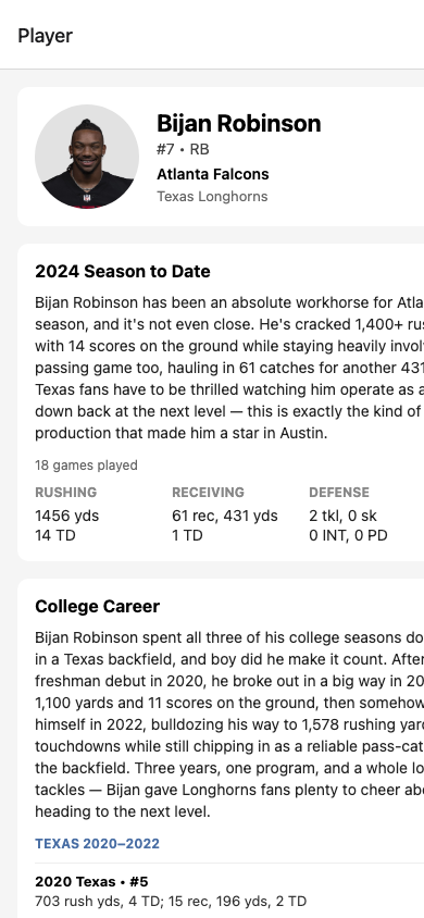Player page showing an NFL player's current season and college career side by side